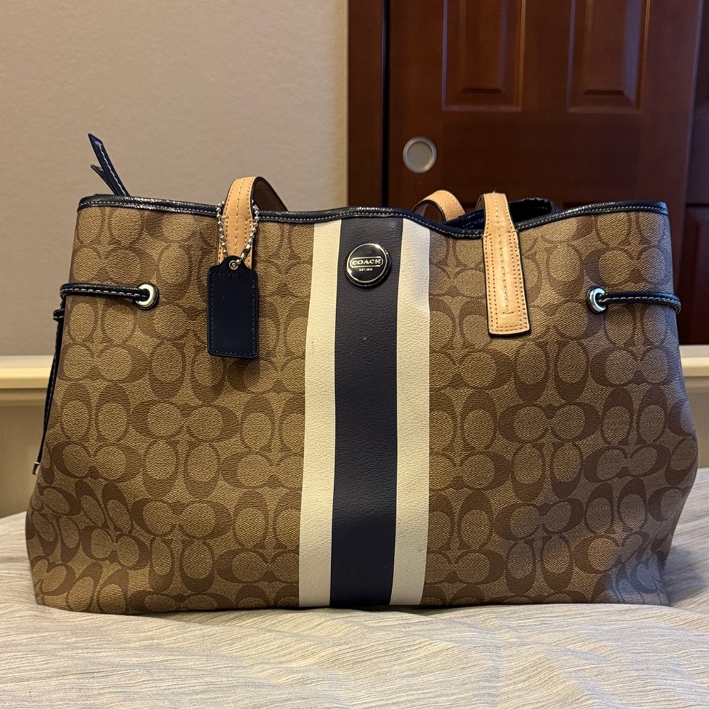 Coach Signature Brown Tote with Navy and Cream Stripes